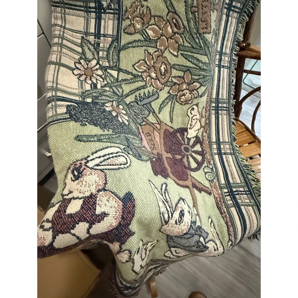 Beatrix Potter Peter Rabbit Woven Tapestry Throw Blanket Garden Sage Burgundy